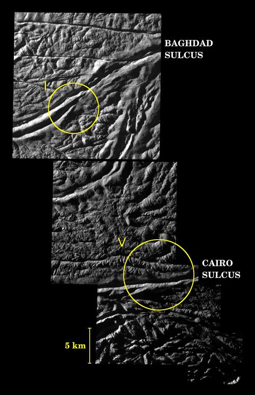 Surcos Baghdad y Cairo en Encélado (NASA/JPL/Space Science Institute)