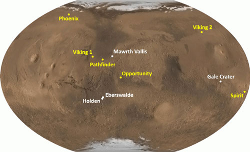 Sitios preseleccionados para el aterrizaje del MSL (en blanco). El lugar de aterrizaje de anteriores misiones se muestra en amarillo.