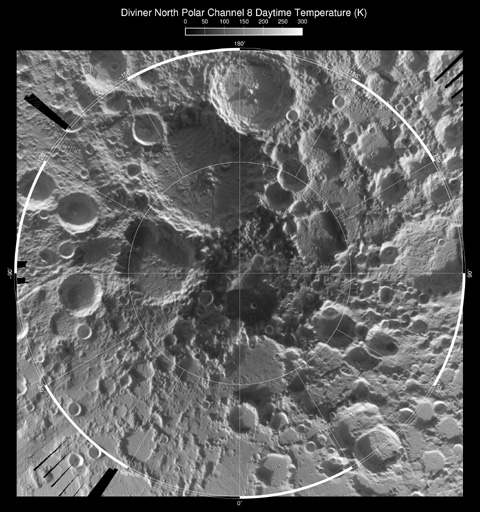 Mapa térmico diurno del Polo Norte lunar. NASA/GSFC/UCLA